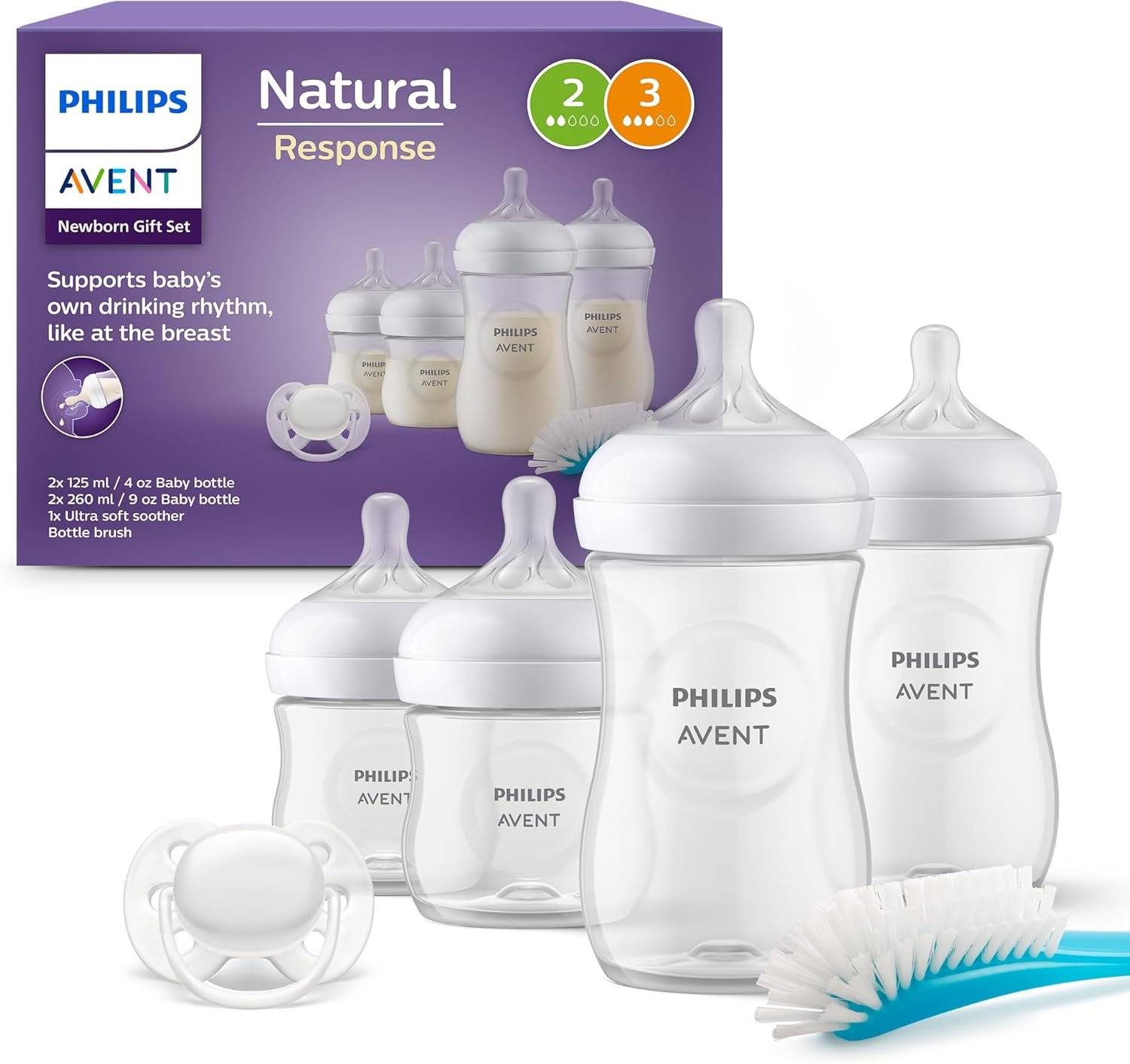 Set De 4 Biberones Recién Nacido + Chupete Ultra Soft y Cepillo Philips Avent