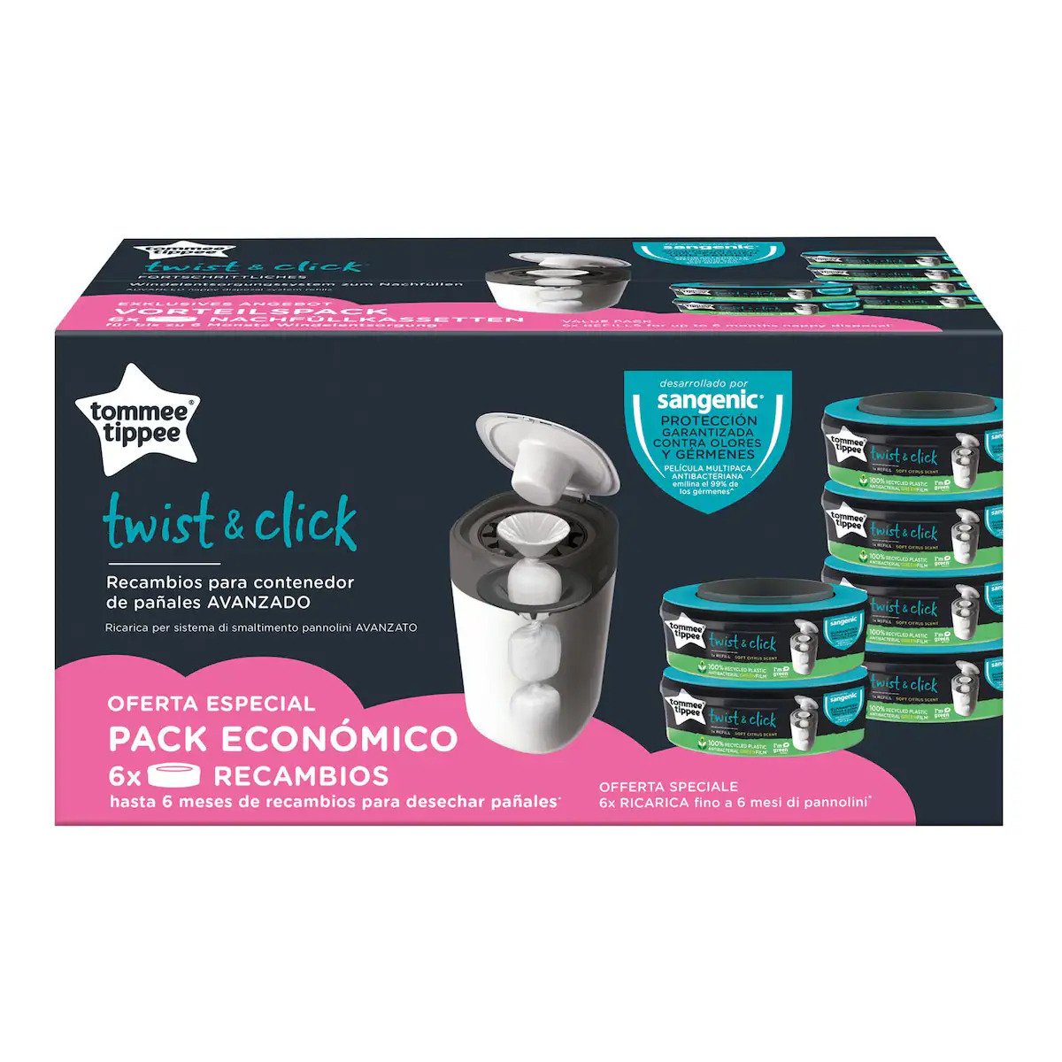 Pack de 4+2 de Recambios Sangenic Twist & Click para Contenedor de Pañales Tommee Tippee